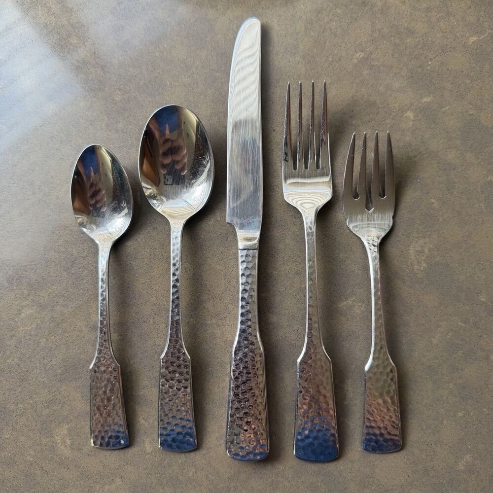 5 Piece HABITAT Japan stainless flatware Silverware Set Hammered MCM